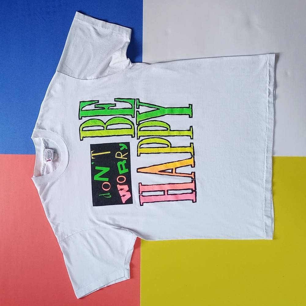 Vintage 1990s Don't Worry Be Happy Single Stitch T-Shirt Unisex Retro Colours